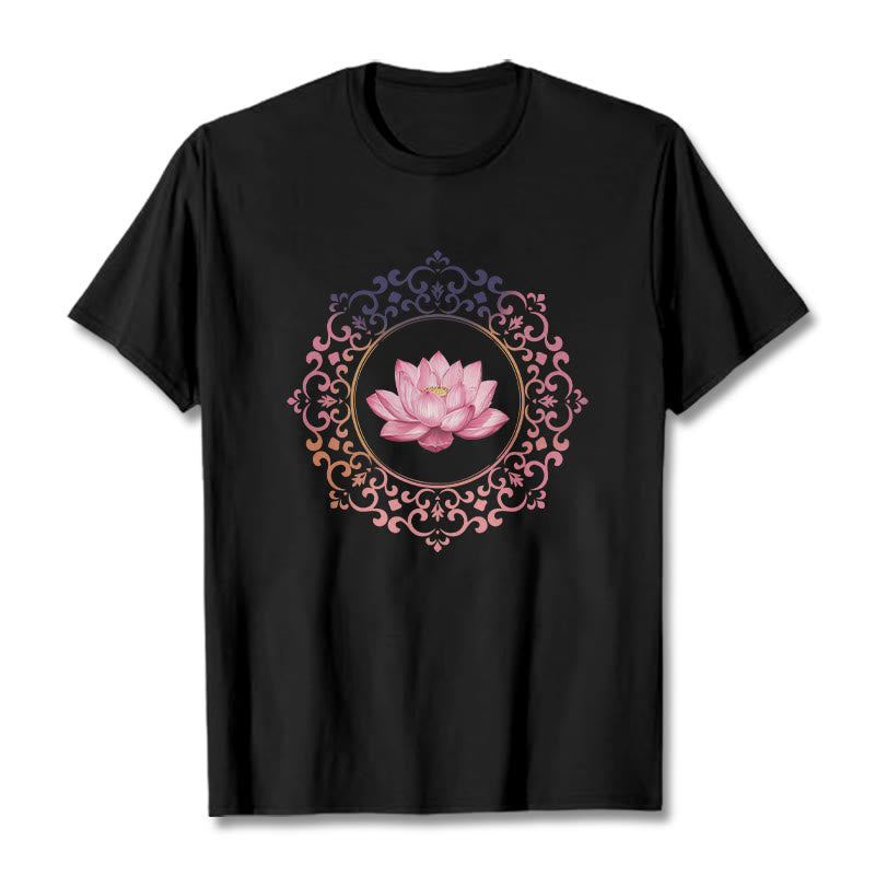 T-shirt en coton à motif de lotus rose et mandala avec Buddha Stones - Noir - 2XL - image 0