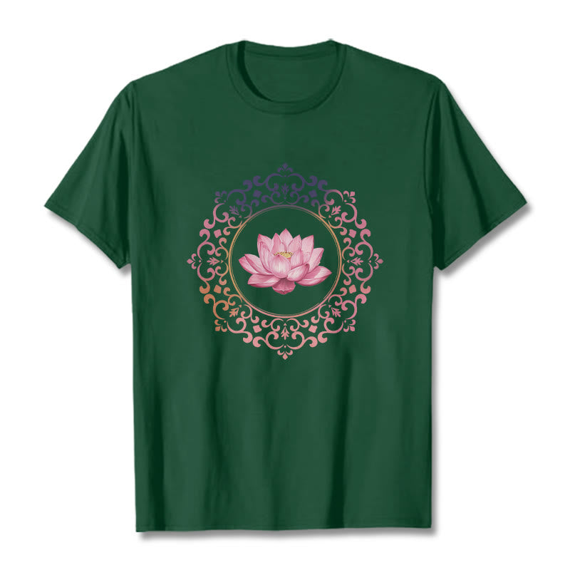 T-shirt en coton à motif de lotus rose et mandala avec Buddha Stones - Forêt Verte - 2XL - image 10