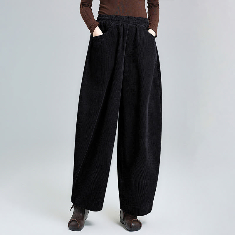Pantalon d' Buddha Stones en velours côtelé de coton pour femme, longueur cheville, uni, avec poches, design simple - Noir - US8-10，UK/AU12-14，EU40-42 (2XL) - image 0