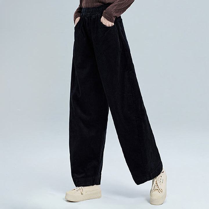 Pantalon d' Buddha Stones en velours côtelé de coton pour femme, longueur cheville, uni, avec poches, design simple - image 3