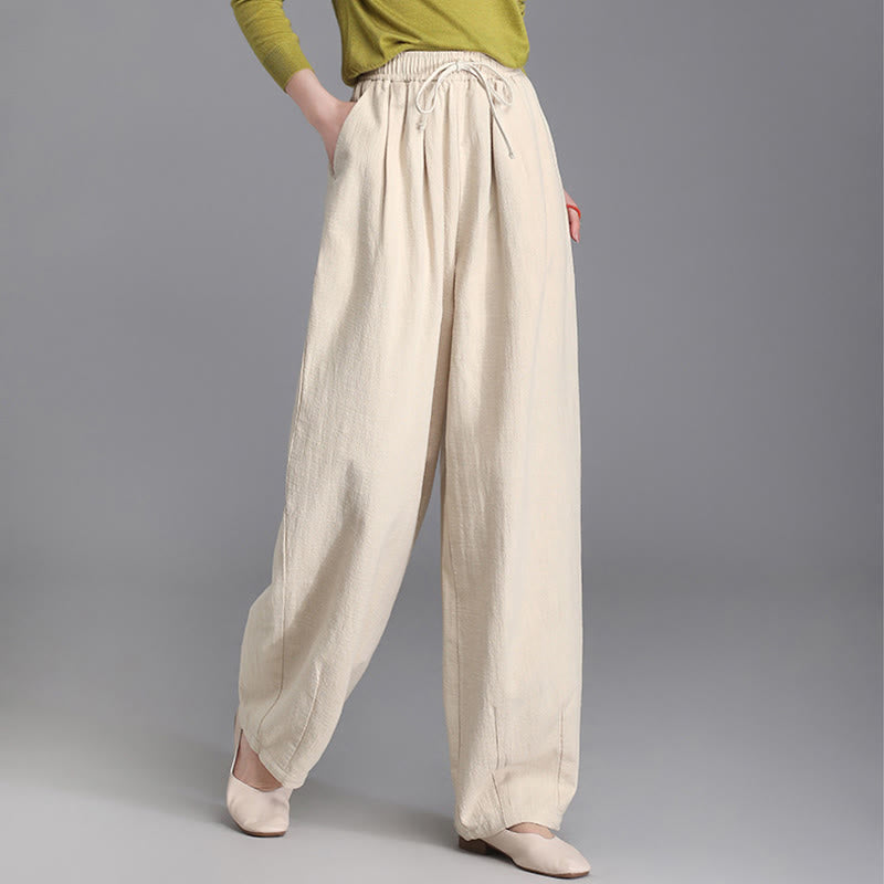 Pantalon décontracté vintage uni en coton et lin avec cordon de serrage et poches pour femme de Buddha Stones - Beige - US6，UK/AU10，EU38 (L) - image 0