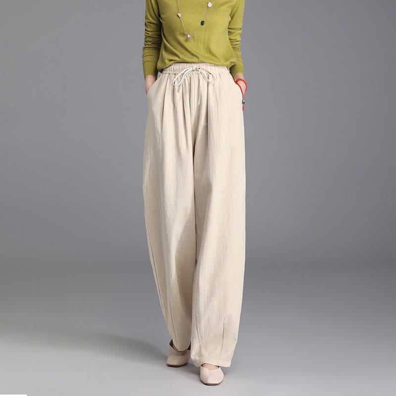 Pantalon décontracté vintage uni en coton et lin avec cordon de serrage et poches pour femme de Buddha Stones - image 1