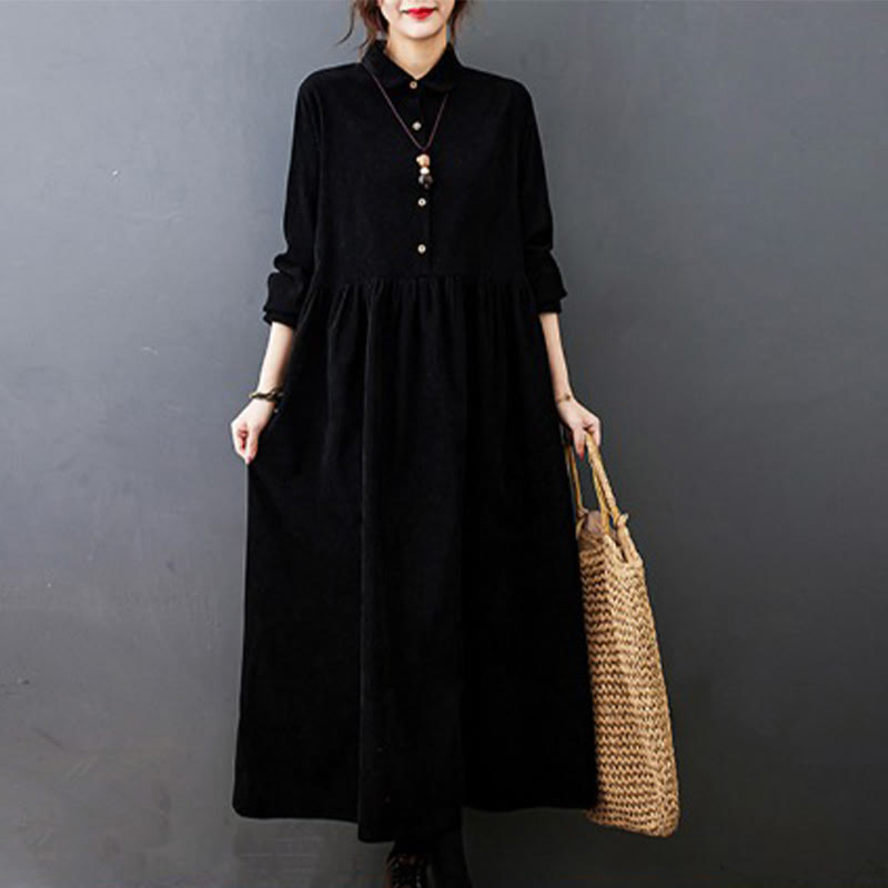 Robe midi en velours côtelé à manches longues et poches, ornée de boutons et de Buddha Stones - Noir - US8-10，UK/AU12-14，EU40-42 (2XL) - image 0