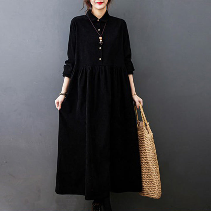 Robe midi en velours côtelé à manches longues et poches, ornée de boutons et de Buddha Stones - Noir - US8-10，UK/AU12-14，EU40-42 (2XL) - image 0