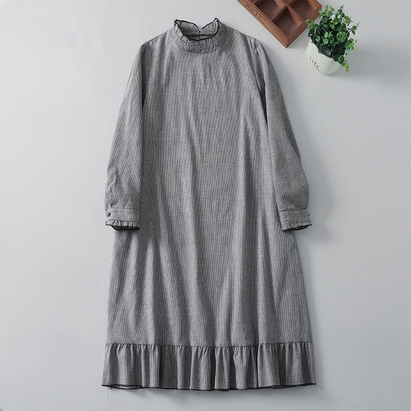 Robe mi-longue plissée à volants et manches longues en coton avec poches et motif à carreaux Buddha Stones - Noir - US8-10，UK/AU12-14，EU40-42 (2XL) - image 0