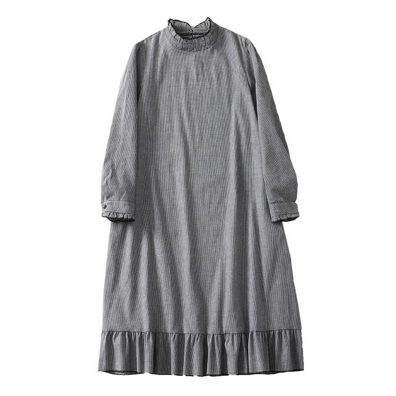 Robe mi-longue plissée à volants et manches longues en coton avec poches et motif à carreaux Buddha Stones - image 9