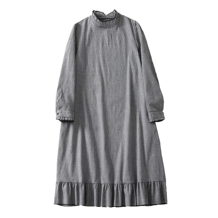 Robe mi-longue plissée à volants et manches longues en coton avec poches et motif à carreaux Buddha Stones - image 9