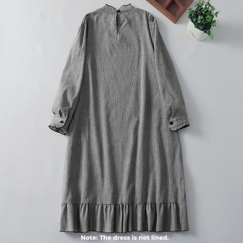 Robe mi-longue plissée à volants et manches longues en coton avec poches et motif à carreaux Buddha Stones - image 1