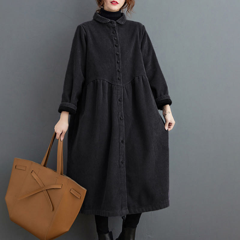 Manteau en Buddha Stones côtelé de coton à manches longues et poches pour femme, uni, avec boutons et doublure polaire - image 6