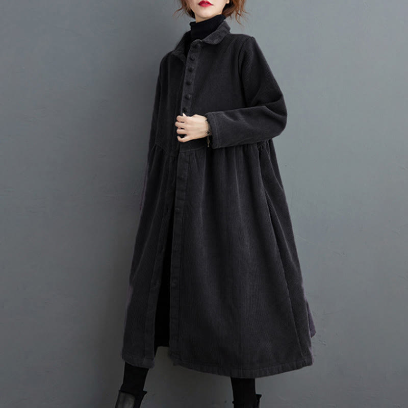 Manteau en Buddha Stones côtelé de coton à manches longues et poches pour femme, uni, avec boutons et doublure polaire - image 1