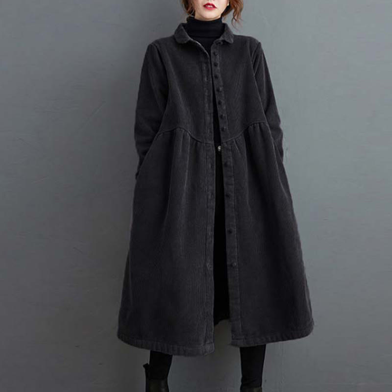Manteau en Buddha Stones côtelé de coton à manches longues et poches pour femme, uni, avec boutons et doublure polaire - Noir - US8-10，UK/AU12-14，EU40-42 (2XL) - image 0