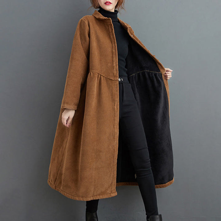 Manteau en Buddha Stones côtelé de coton à manches longues et poches pour femme, uni, avec boutons et doublure polaire - image 18