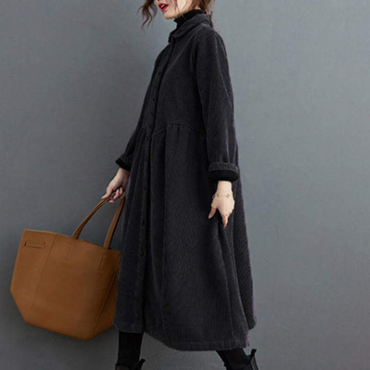 Manteau en Buddha Stones côtelé de coton à manches longues et poches pour femme, uni, avec boutons et doublure polaire - image 4