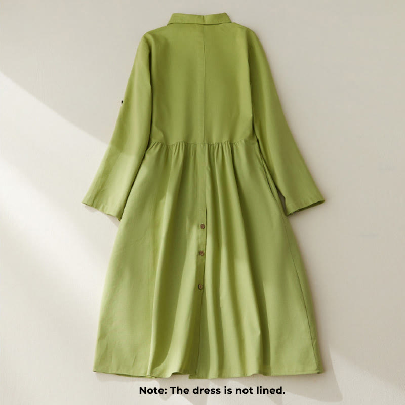 Robe mi-longue décontractée en coton à manches longues et boutons unis avec poches et Buddha Stones - image 1