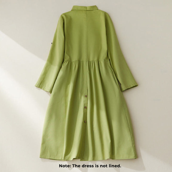 Robe mi-longue décontractée en coton à manches longues et boutons unis avec poches et Buddha Stones - image 1