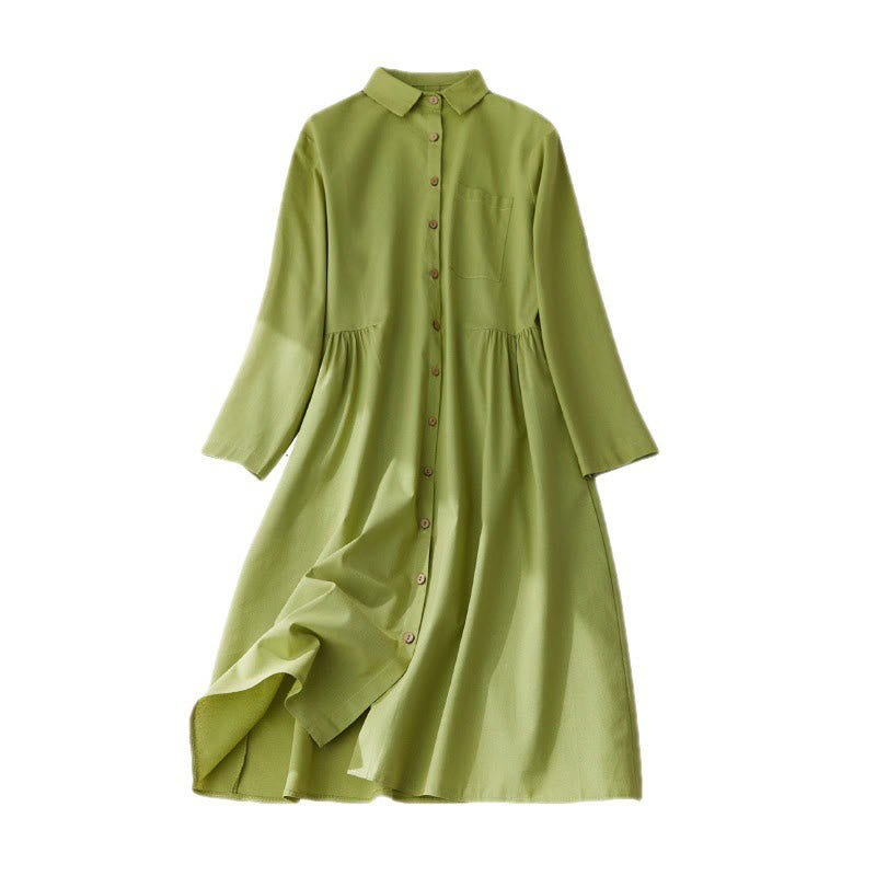 Robe mi-longue décontractée en coton à manches longues et boutons unis avec poches et Buddha Stones - image 9