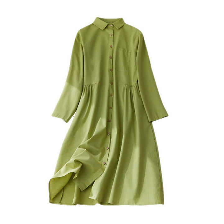 Robe mi-longue décontractée en coton à manches longues et boutons unis avec poches et Buddha Stones - image 9