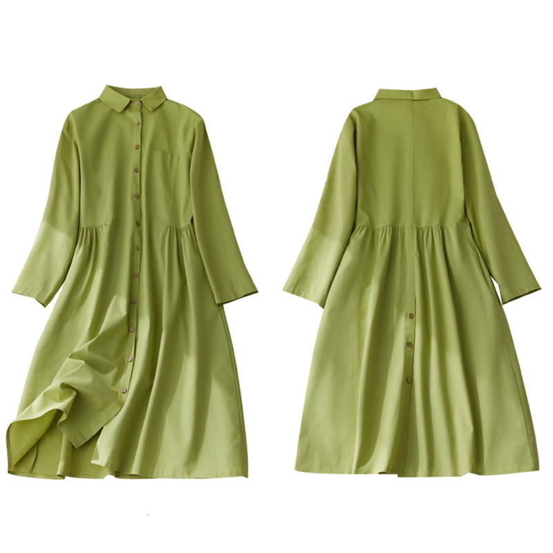 Robe mi-longue décontractée en coton à manches longues et boutons unis avec poches et Buddha Stones - image 10