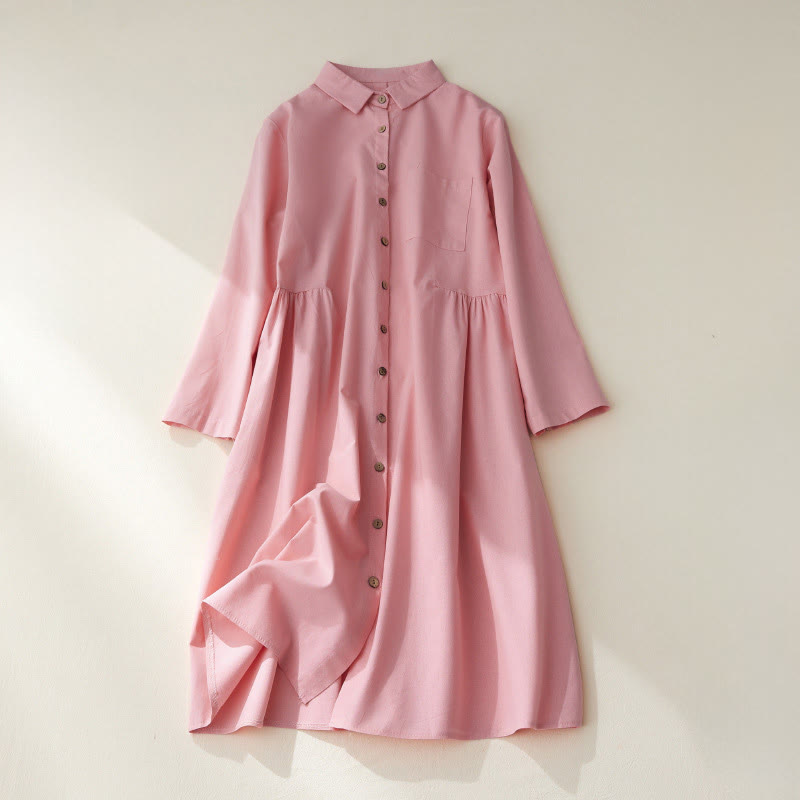 Robe mi-longue décontractée en coton à manches longues et boutons unis avec poches et Buddha Stones - Rose clair - US8-10，UK/AU12-14，EU40-42 (2XL) - image 11