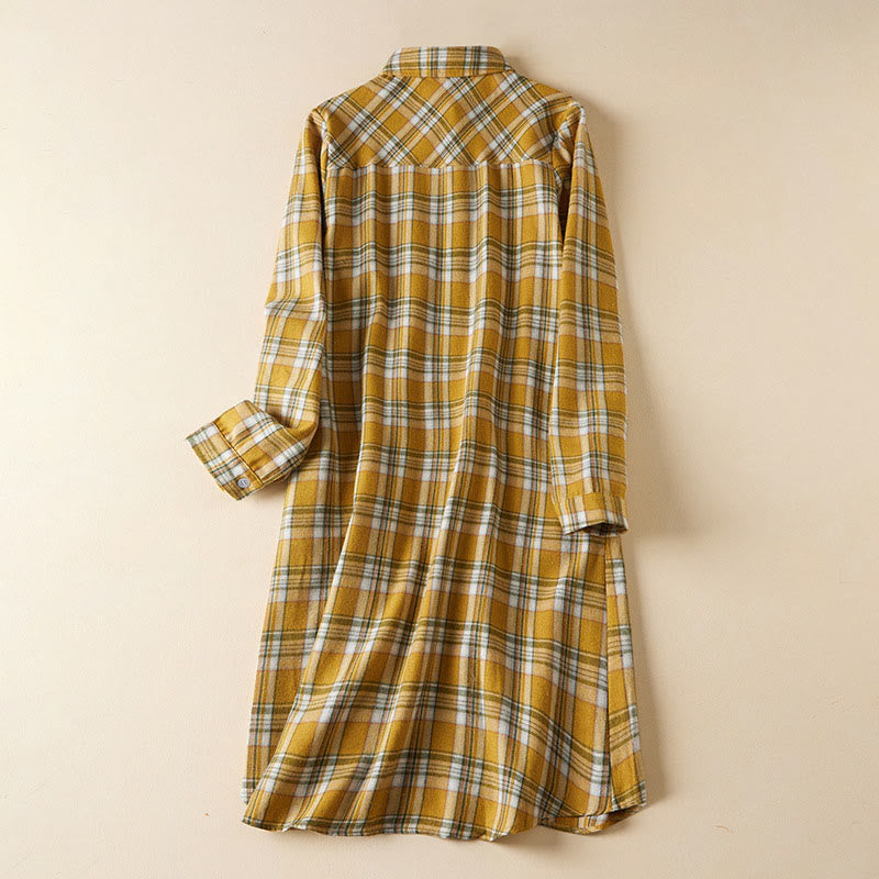 Robe mi-longue en coton à manches longues et à carreaux contrastés avec poches et revers - Or - US8-10，UK/AU12-14，EU40-42 (2XL) - image 10