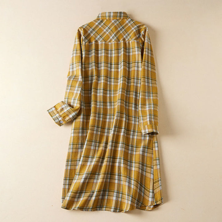 Robe mi-longue en coton à manches longues et à carreaux contrastés avec poches et revers - Or - US8-10，UK/AU12-14，EU40-42 (2XL) - image 10