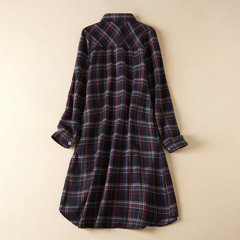 Robe mi-longue en coton à manches longues et à carreaux contrastés avec poches et revers - Bleu nuit - US8-10，UK/AU12-14，EU40-42 (2XL) - image 20