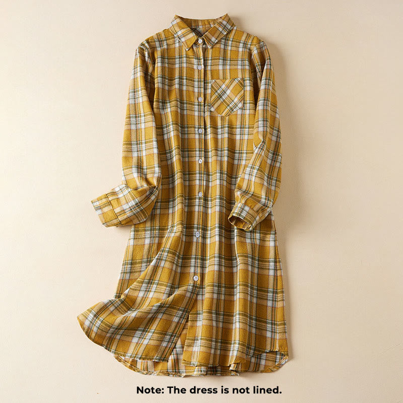 Robe mi-longue en coton à manches longues et à carreaux contrastés avec poches et revers - image 11