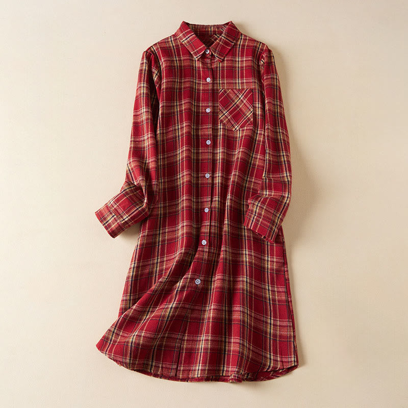 Robe mi-longue en coton à manches longues et à carreaux contrastés avec poches et revers - Cramoisi - US8-10，UK/AU12-14，EU40-42 (2XL) - image 0