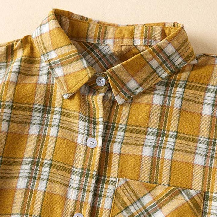 Robe mi-longue en coton à manches longues et à carreaux contrastés avec poches et revers - image 12