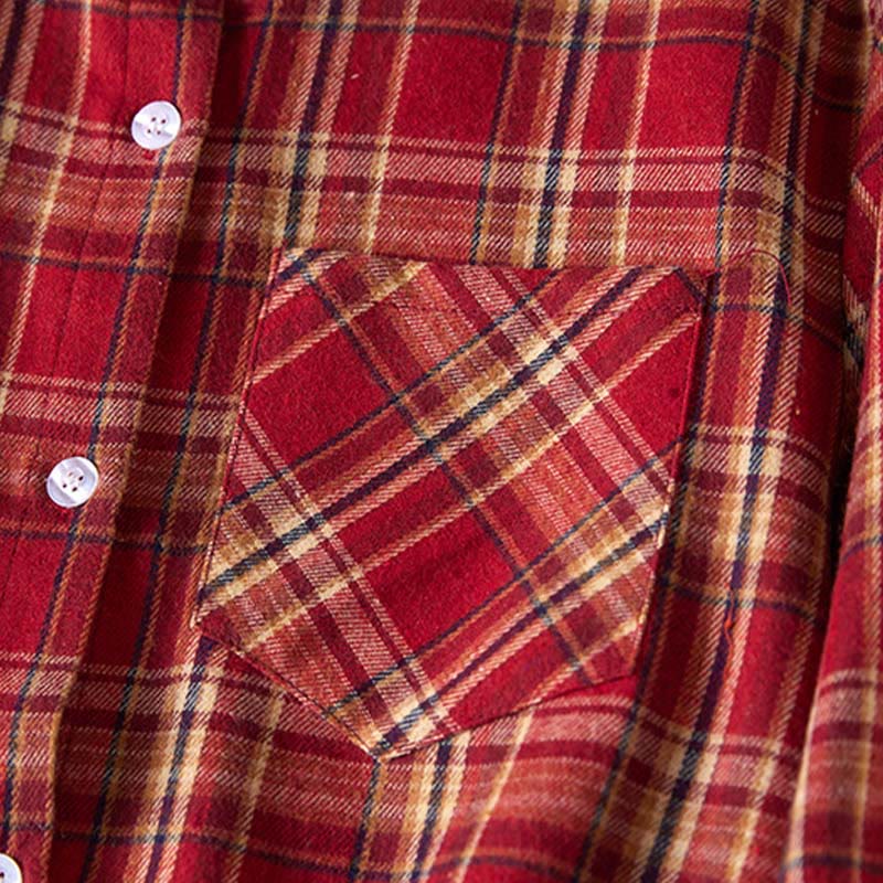Robe mi-longue en coton à manches longues et à carreaux contrastés avec poches et revers - image 4