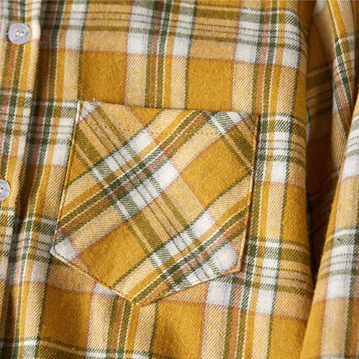 Robe mi-longue en coton à manches longues et à carreaux contrastés avec poches et revers - image 14