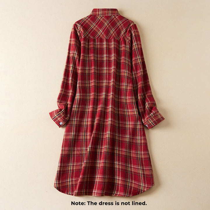 Robe mi-longue en coton à manches longues et à carreaux contrastés avec poches et revers - image 1