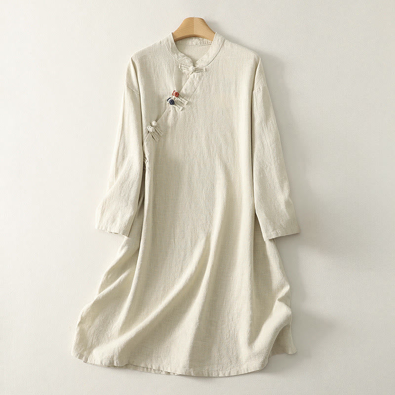 Robe mi-longue en coton à manches longues et fermeture diagonale avec boutons grenouilles et Buddha Stones - Lin - US12，UK/AU16，EU44 (2XL) - image 6