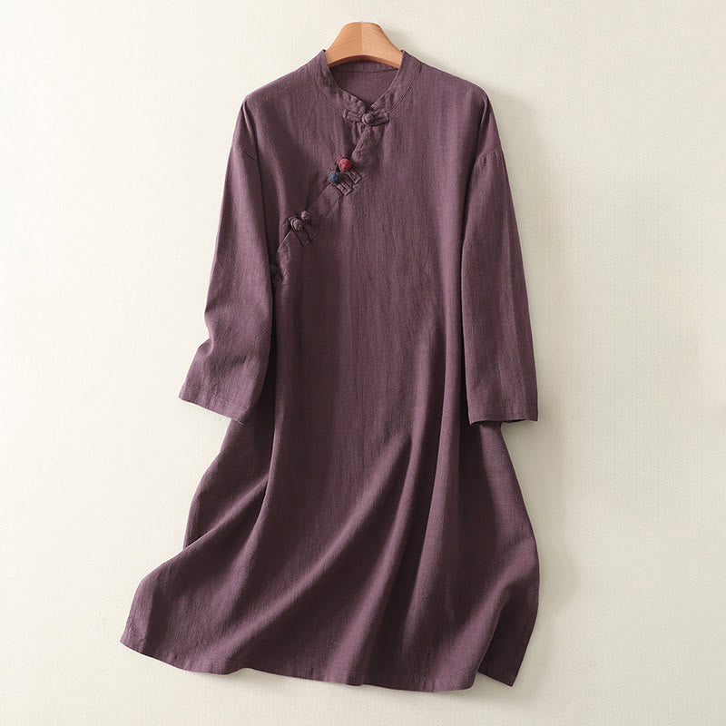 Robe mi-longue en coton à manches longues et fermeture diagonale avec boutons grenouilles et Buddha Stones - Magenta foncé - US12，UK/AU16，EU44 (2XL) - image 1
