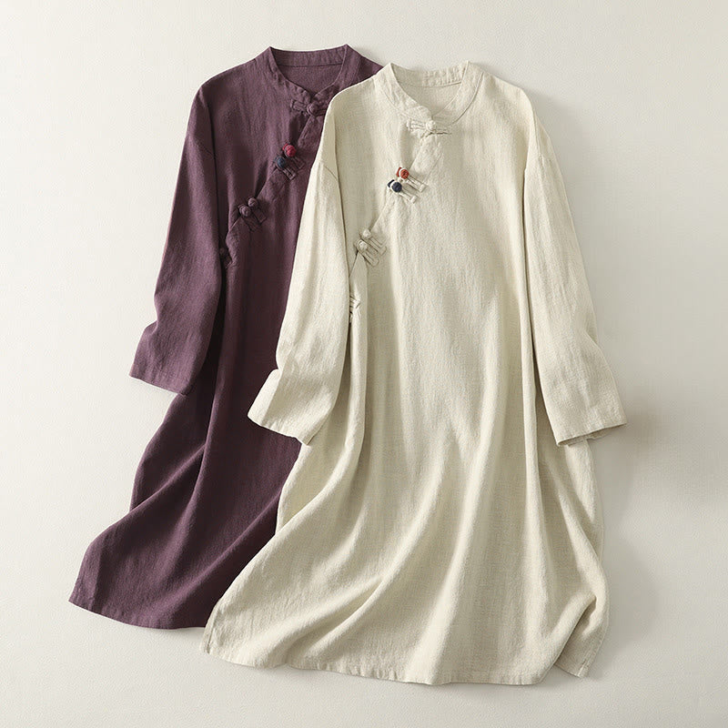Robe mi-longue en coton à manches longues et fermeture diagonale avec boutons grenouilles et Buddha Stones - image 0
