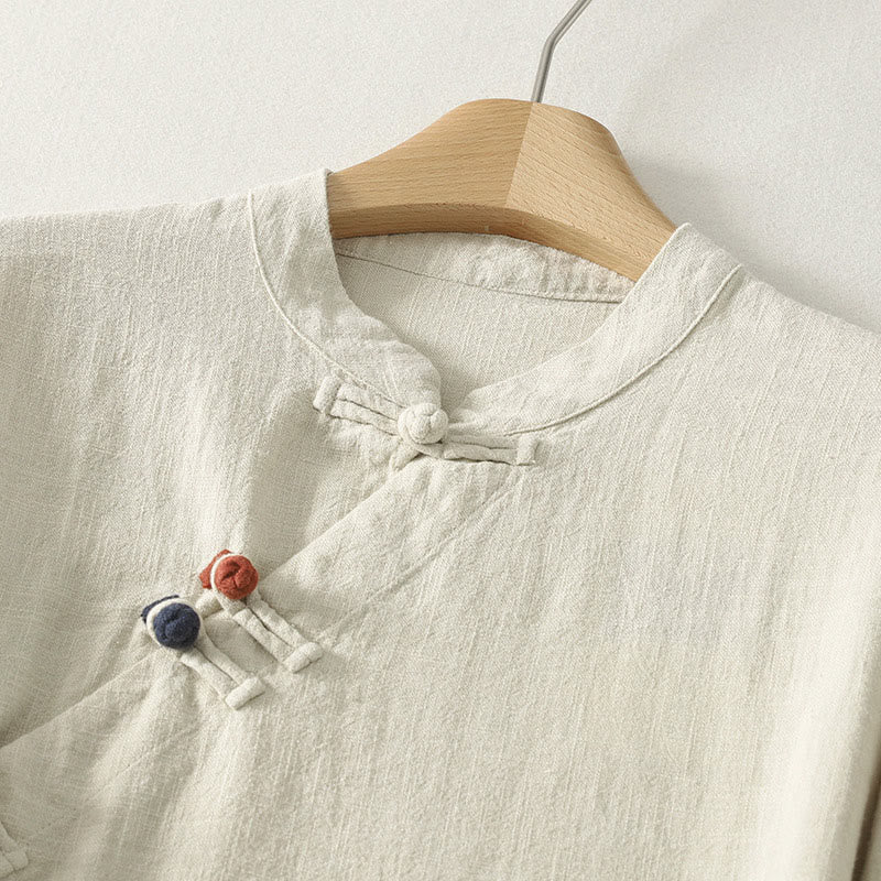 Robe mi-longue en coton à manches longues et fermeture diagonale avec boutons grenouilles et Buddha Stones - image 8