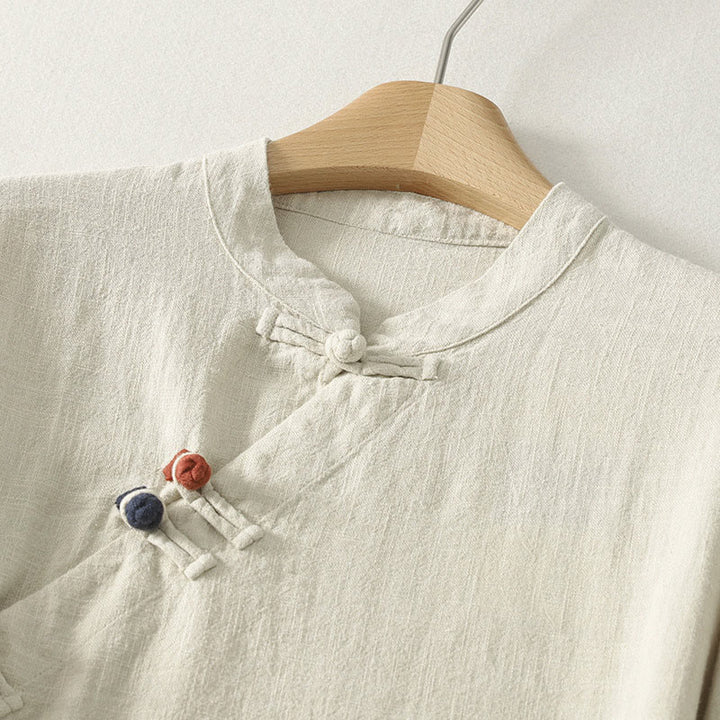 Robe mi-longue en coton à manches longues et fermeture diagonale avec boutons grenouilles et Buddha Stones - image 8