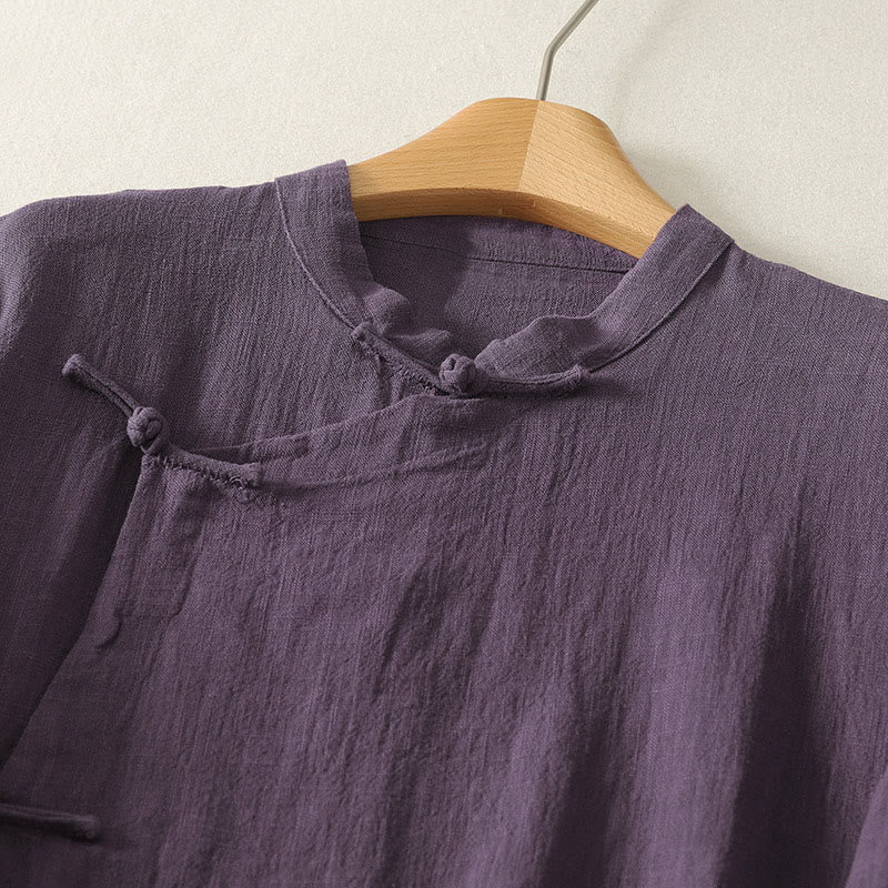 Robe mi-longue asymétrique à manches longues en coton et lin avec boutons grenouilles style vintage Buddha Stones - image 8