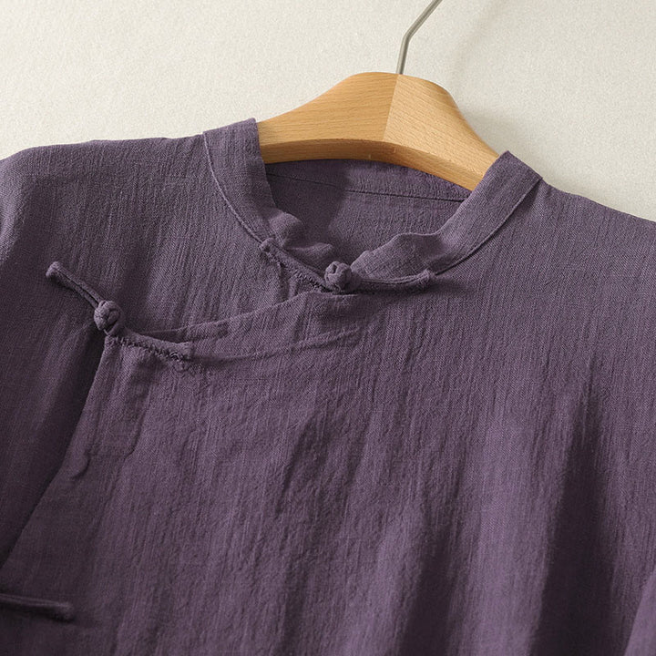 Robe mi-longue asymétrique à manches longues en coton et lin avec boutons grenouilles style vintage Buddha Stones - image 8