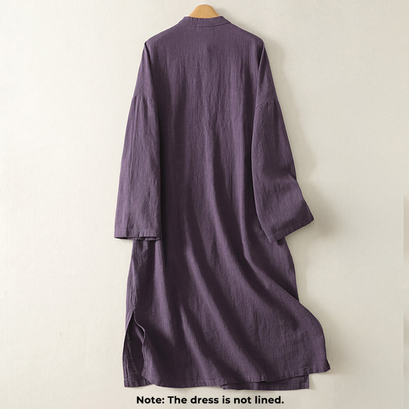 Robe mi-longue asymétrique à manches longues en coton et lin avec boutons grenouilles style vintage Buddha Stones - image 7