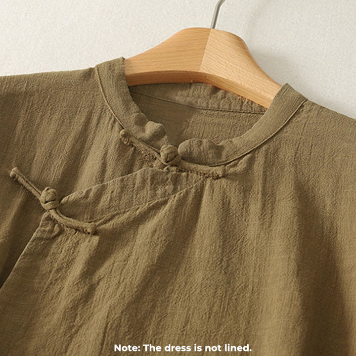 Robe mi-longue asymétrique à manches longues en coton et lin avec boutons grenouilles style vintage Buddha Stones - image 2