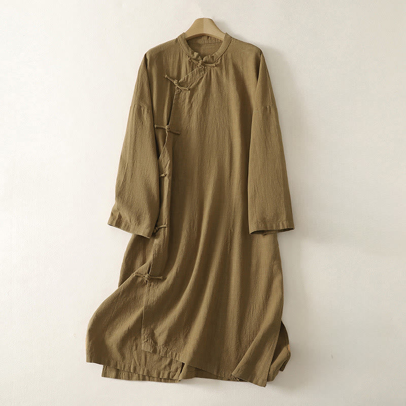 Robe mi-longue asymétrique à manches longues en coton et lin avec boutons grenouilles style vintage Buddha Stones - Verge d'or foncée - US12，UK/AU16，EU44 (2XL) - image 1