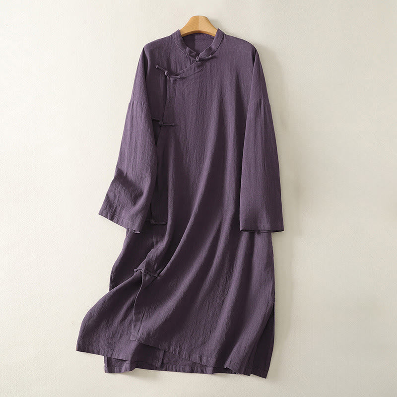 Robe mi-longue asymétrique à manches longues en coton et lin avec boutons grenouilles style vintage Buddha Stones - Violet - US12，UK/AU16，EU44 (2XL) - image 6
