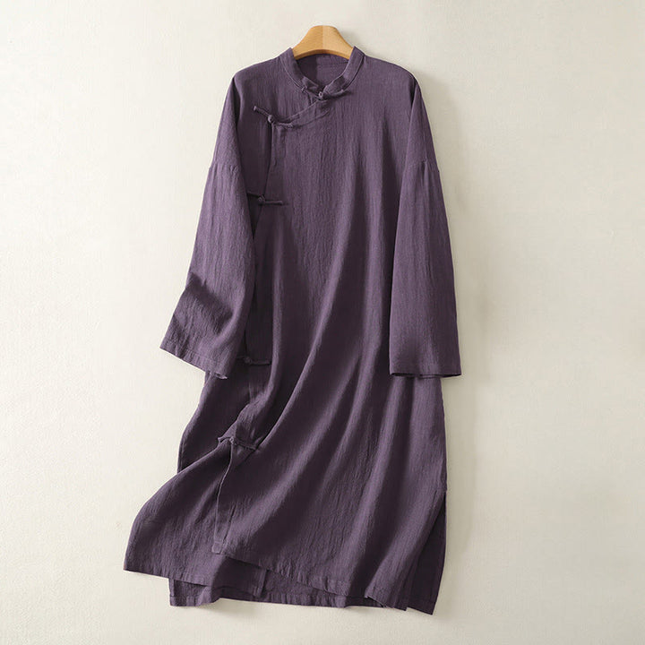 Robe mi-longue asymétrique à manches longues en coton et lin avec boutons grenouilles style vintage Buddha Stones - Violet - US12，UK/AU16，EU44 (2XL) - image 6