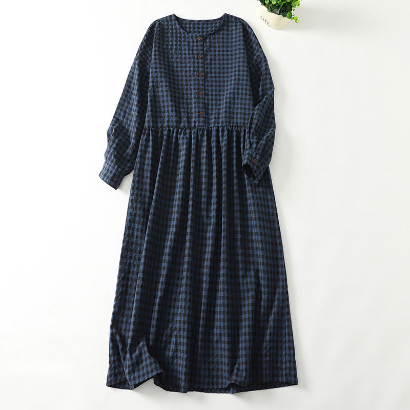 Robe mi-longue rétro à carreaux contrastés en coton et lin, manches longues bouffantes, avec poches - Bleu foncé - US8-10，UK/AU12-14，EU40-42 (2XL) - image 0