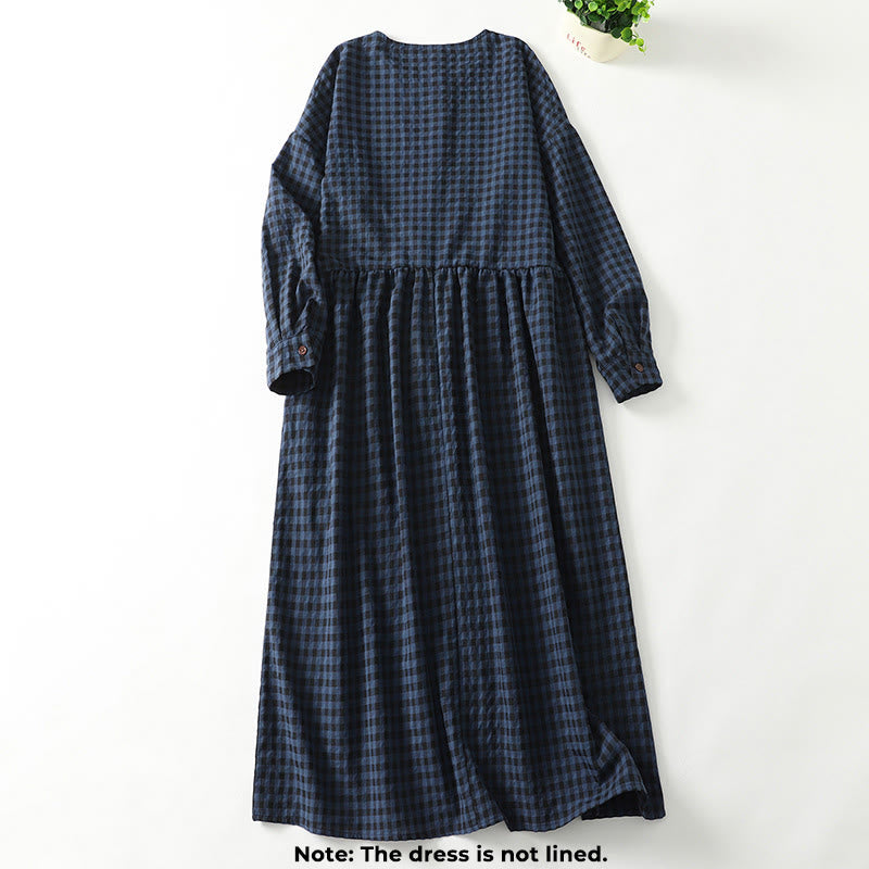Robe mi-longue rétro à carreaux contrastés en coton et lin, manches longues bouffantes, avec poches - image 1