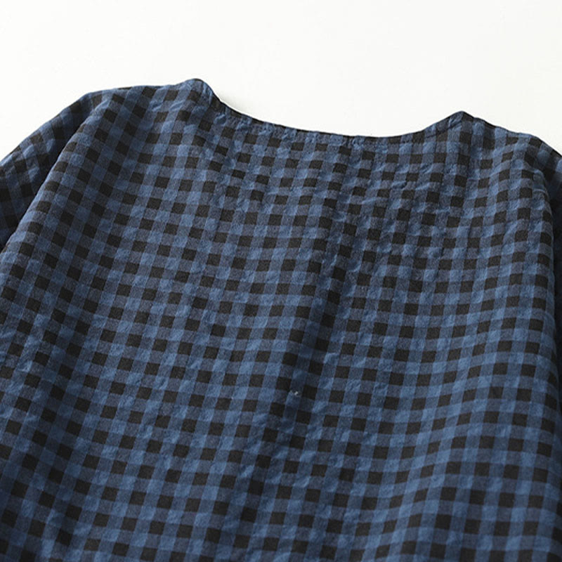 Robe mi-longue rétro à carreaux contrastés en coton et lin, manches longues bouffantes, avec poches - image 3