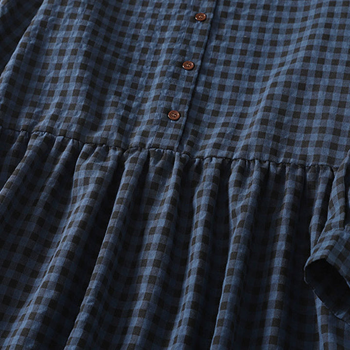 Robe mi-longue rétro à carreaux contrastés en coton et lin, manches longues bouffantes, avec poches - image 4