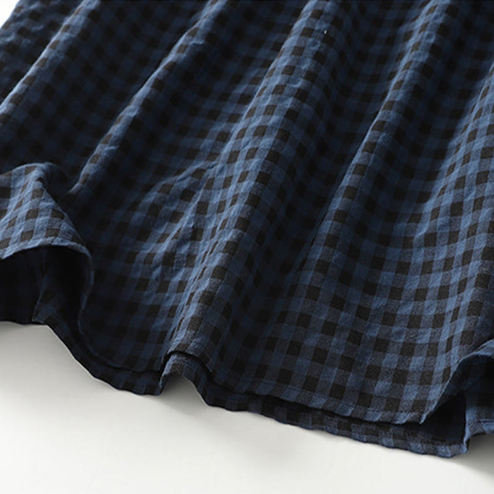 Robe mi-longue rétro à carreaux contrastés en coton et lin, manches longues bouffantes, avec poches - image 10