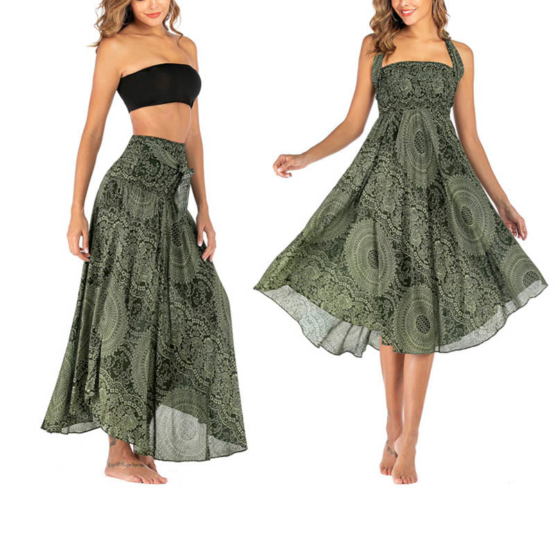 Robe jupe fleurie style bohème avec deux Buddha Stones et une rose des vents - OliveDrab - US4-12, UK/AU8-16, EU36-44 (F) - image 1